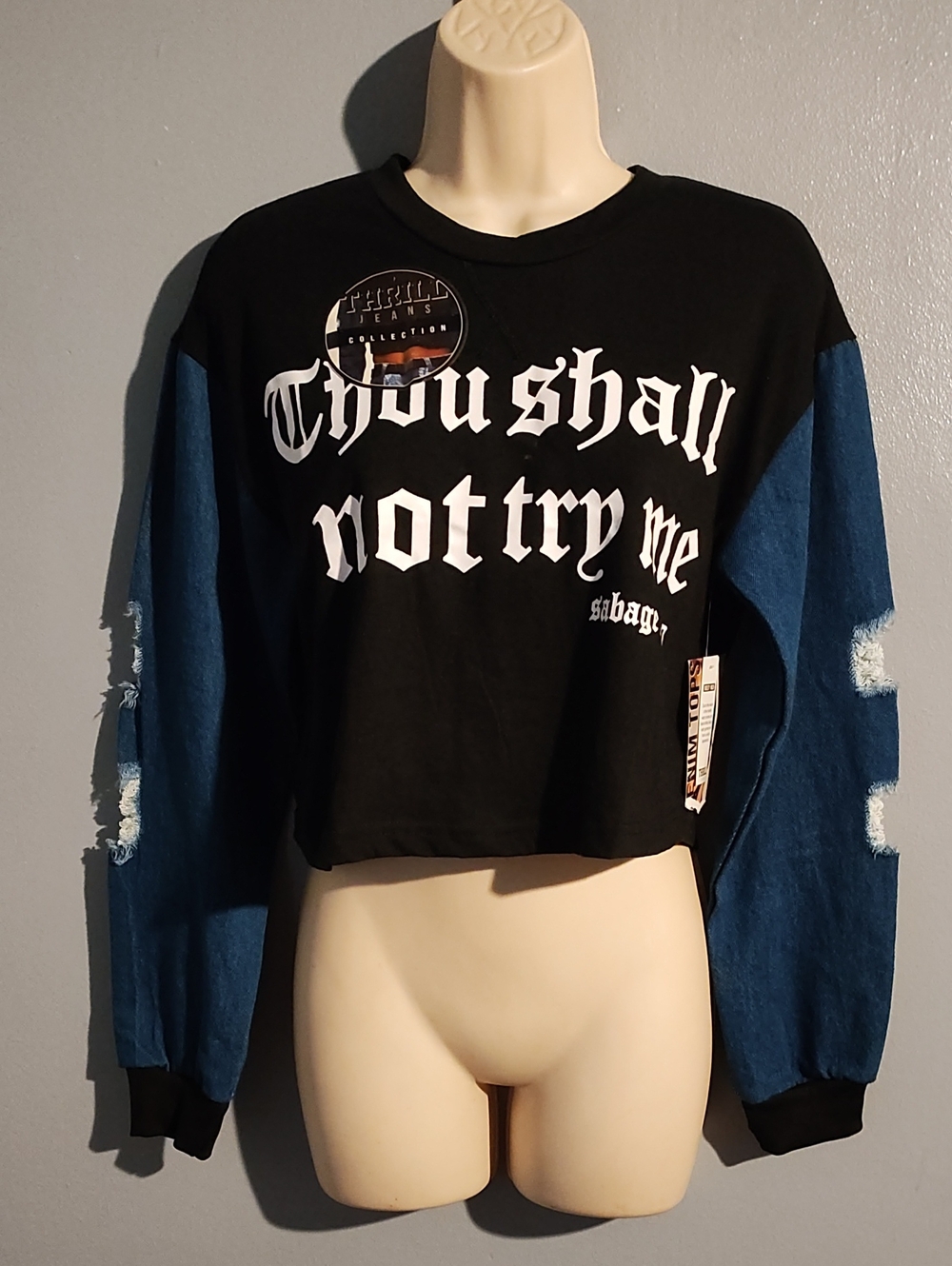 Thrill Jeans Graphic Crop Sweatshirt with Denim Cut Out Sleeves - Black/Blue